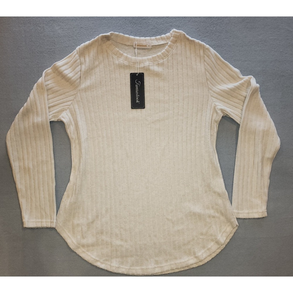 Fantaslook Womens Cream Ribbed Long Sleeve Knit Top Soft Stretch Shirt Medium‎